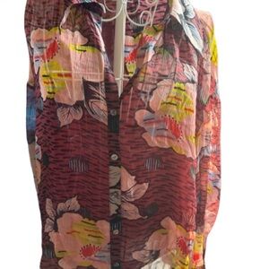 Joie Matilda silk blouse Burgundy Floral Button-Up Blouse with Yellow Accents